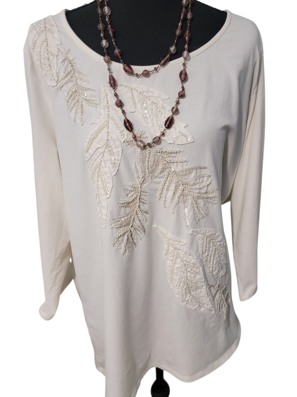 Coldwater Creek Cream Embroidered Leaf Long-Sleeve Tee